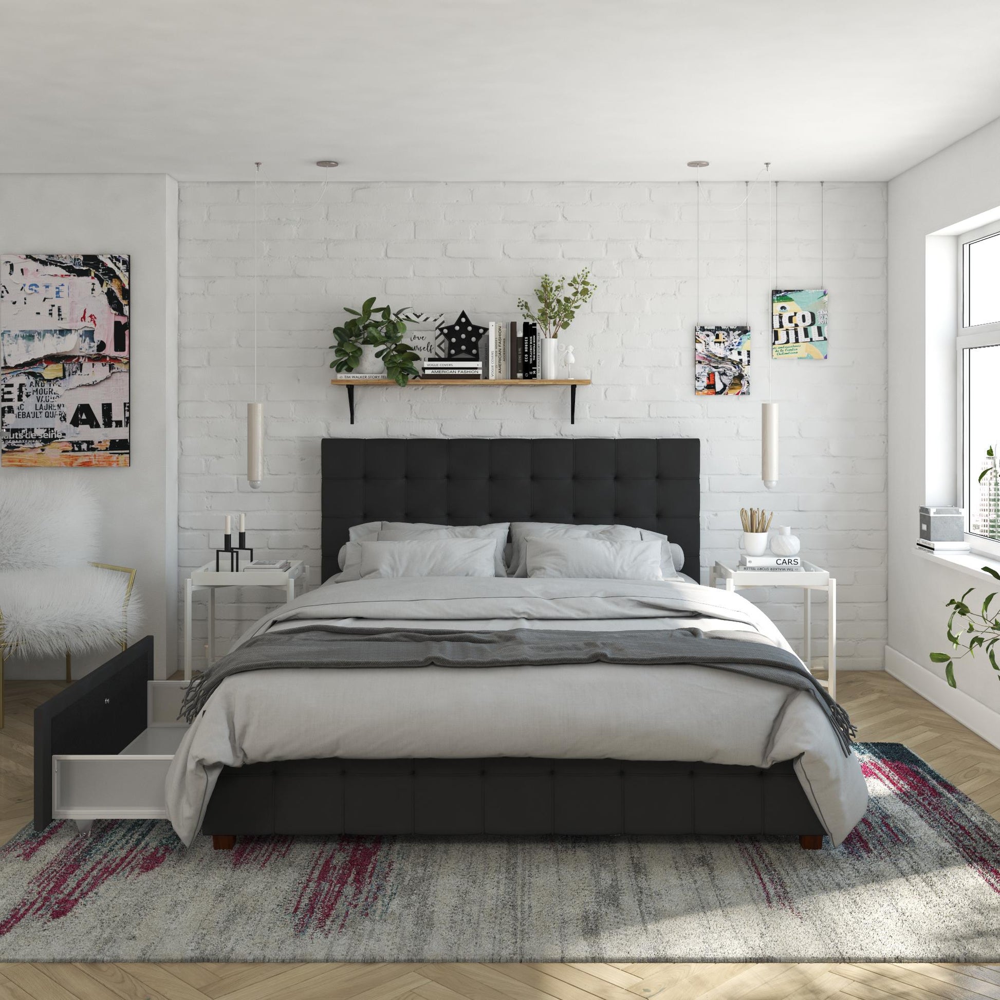 Elizabeth Upholstered Bed with Storage - Black - Queen