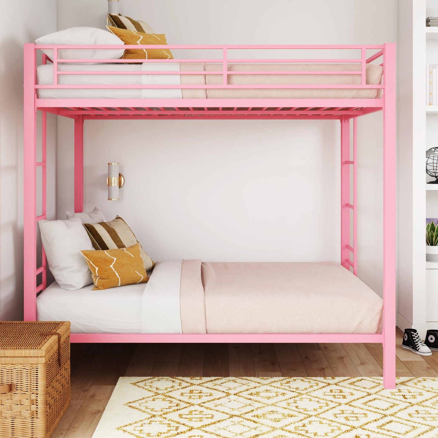 Full over Full Bunk Bed with Sturdy Metal Frame and Simple Design - Pink - Full-Over-Full
