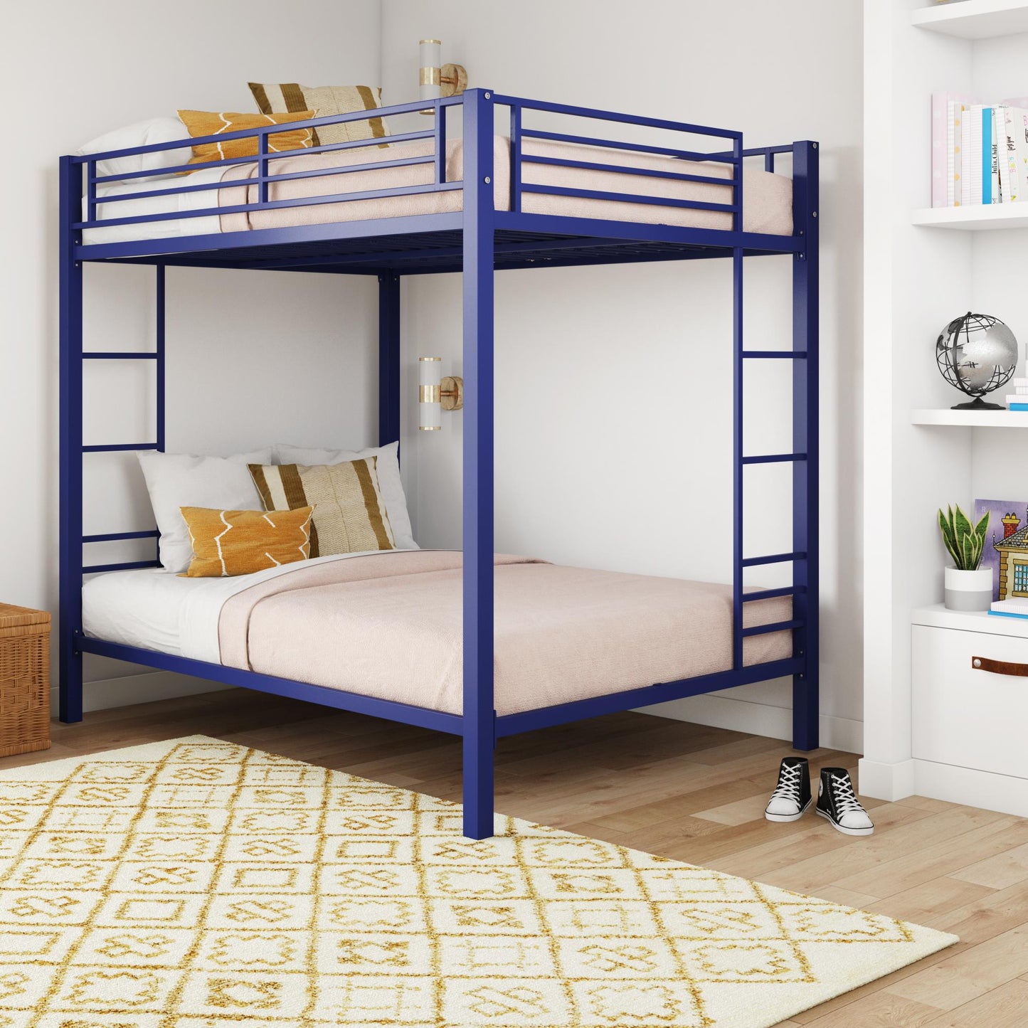 Full over Full Bunk Bed with Sturdy Metal Frame and Simple Design - Blue - Full-Over-Full