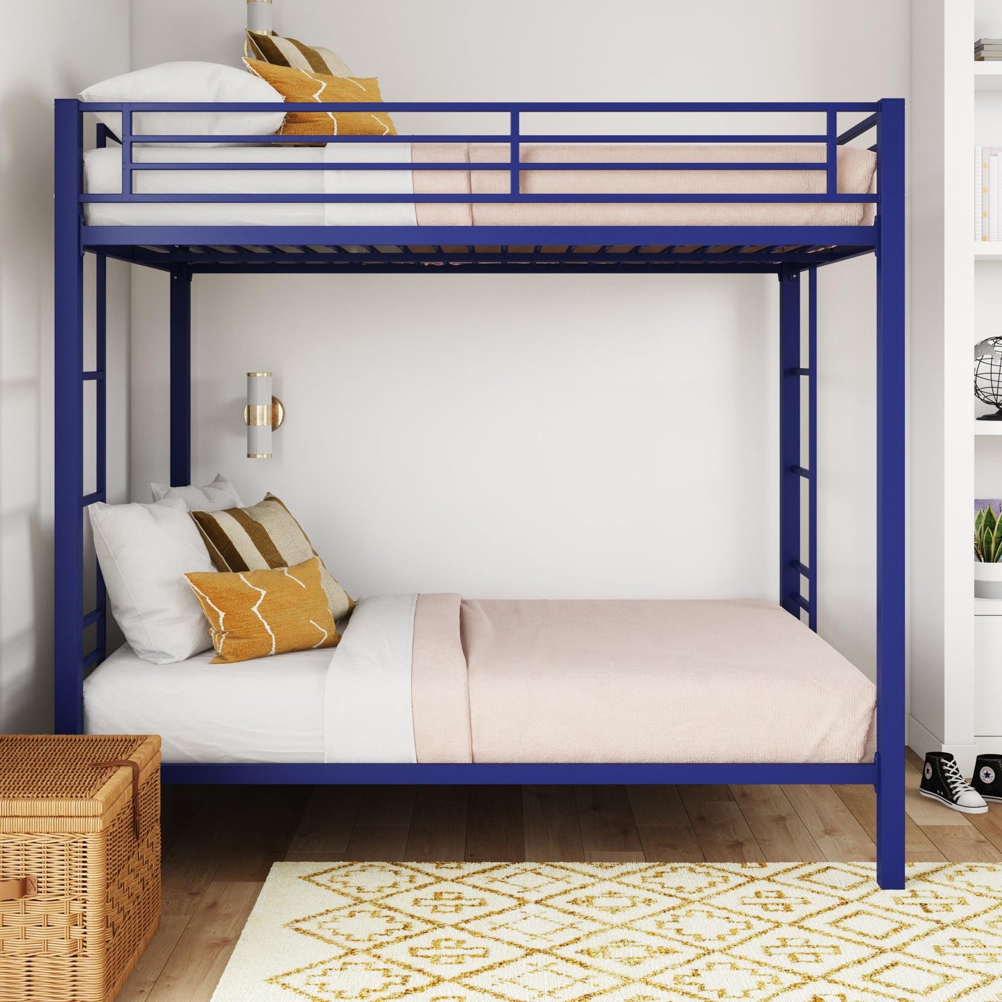 Full over Full Bunk Bed with Sturdy Metal Frame and Simple Design - Blue - Full-Over-Full