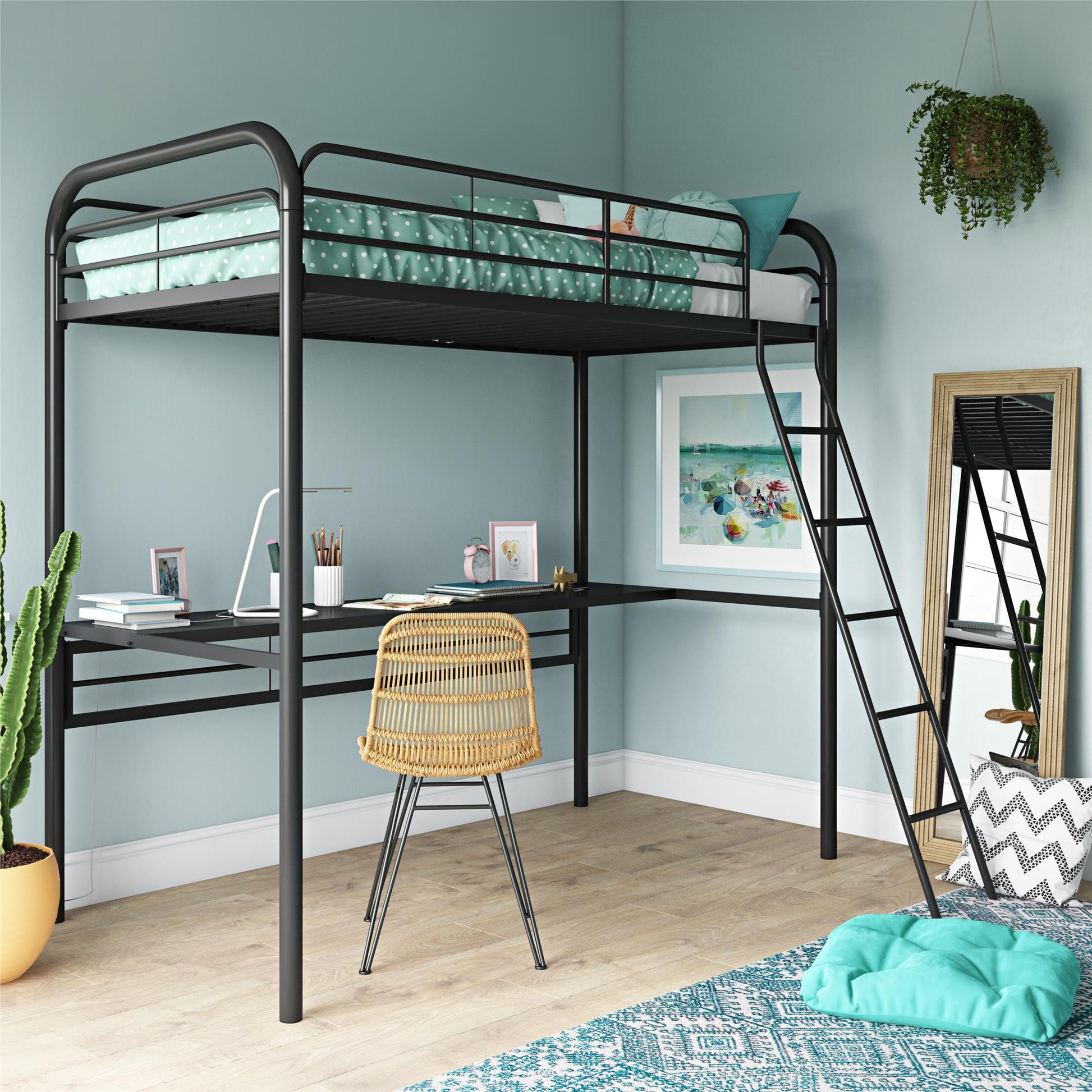 Shawn Metal Loft Bed with Desk with Metal Frame and Integrated Ladder - Black - Twin