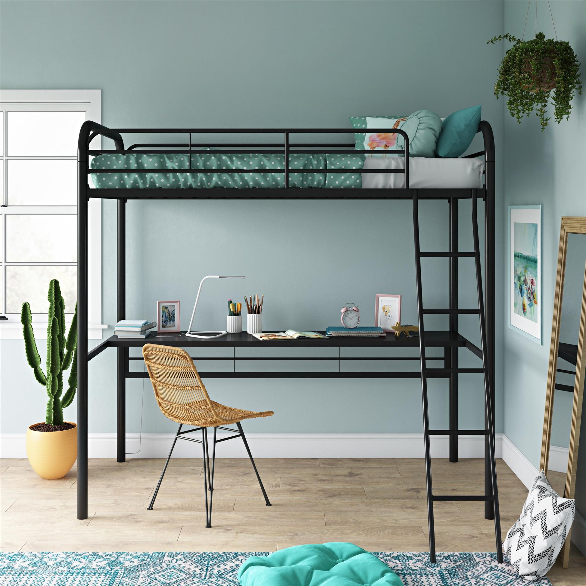 Shawn Metal Loft Bed with Desk with Metal Frame and Integrated Ladder - Black - Twin