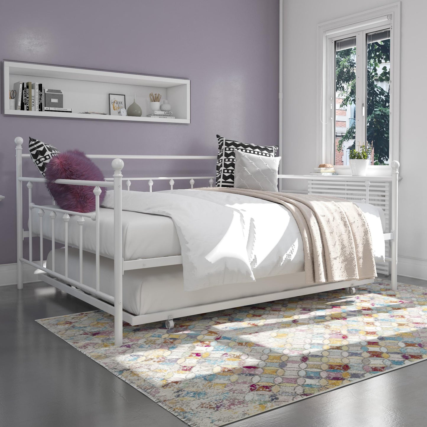 Manila Metal Daybed and Trundle Set with Sturdy Metal Frame and Slats - White - Queen