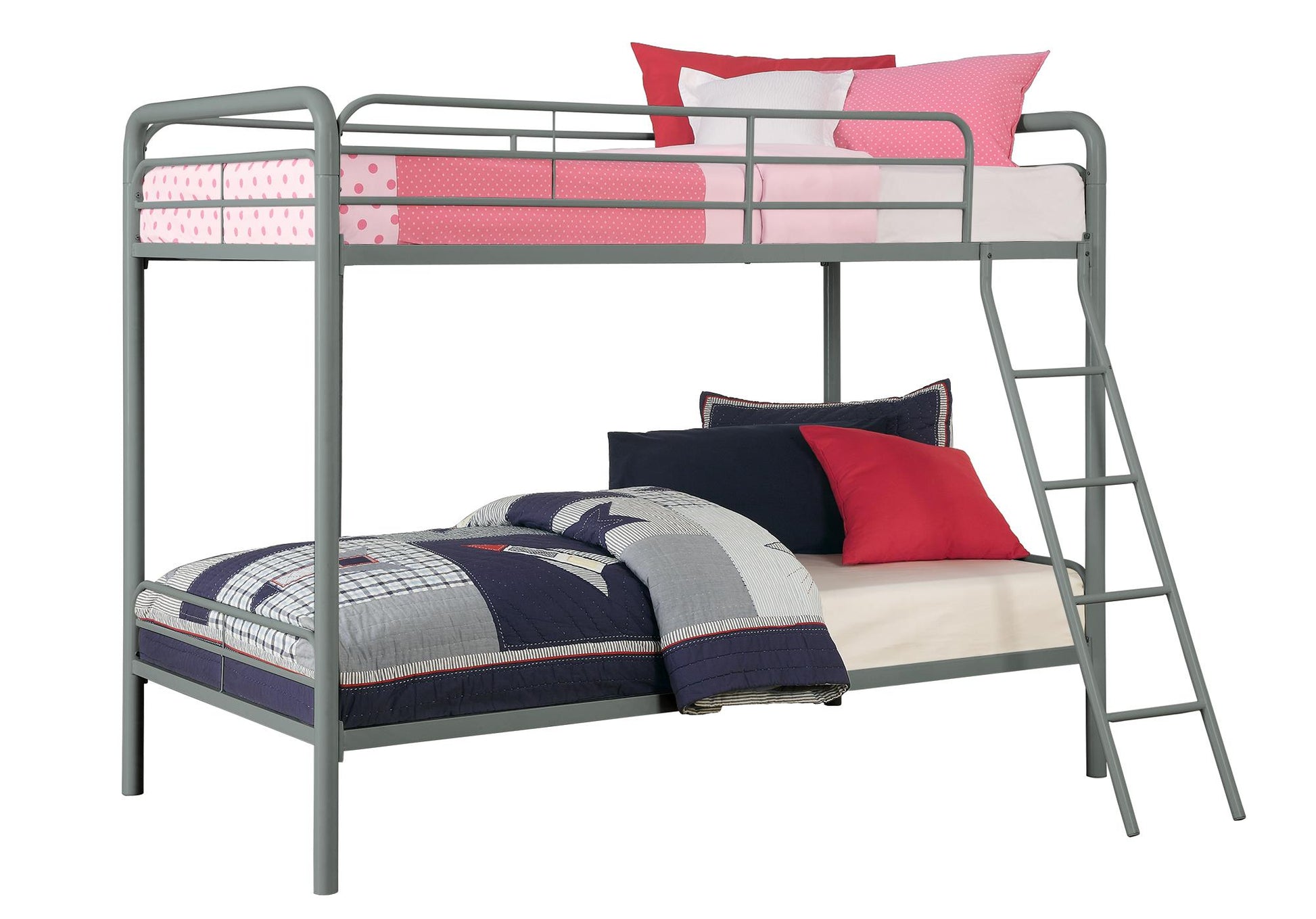Twin over Twin Metal Bunk Bed with Slanted Front Ladder and Guardrails - Silver - Twin-Over-Twin