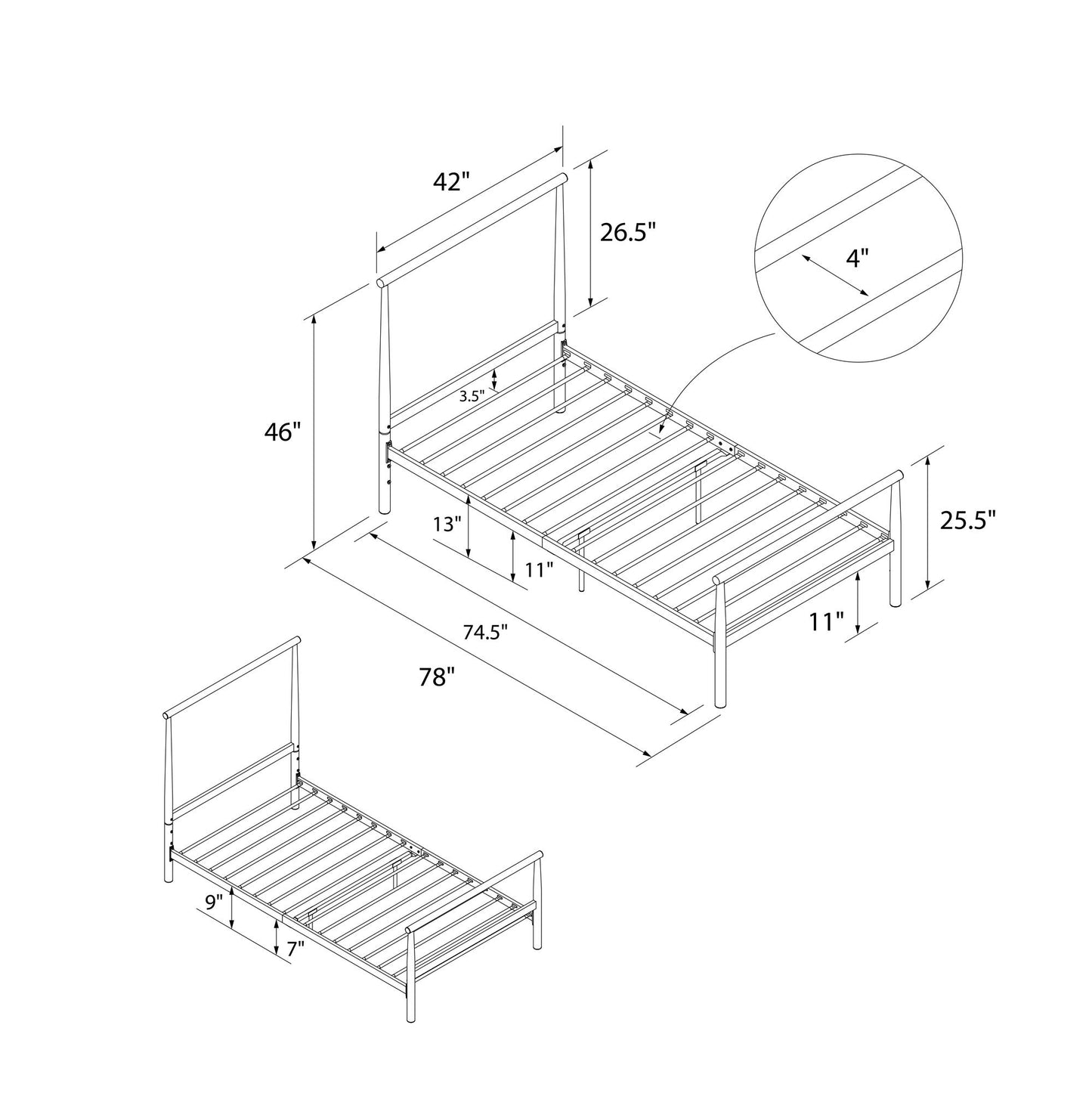 Calixa Modern Metal Bed with Multiple Height Adjustment Options - White - Twin