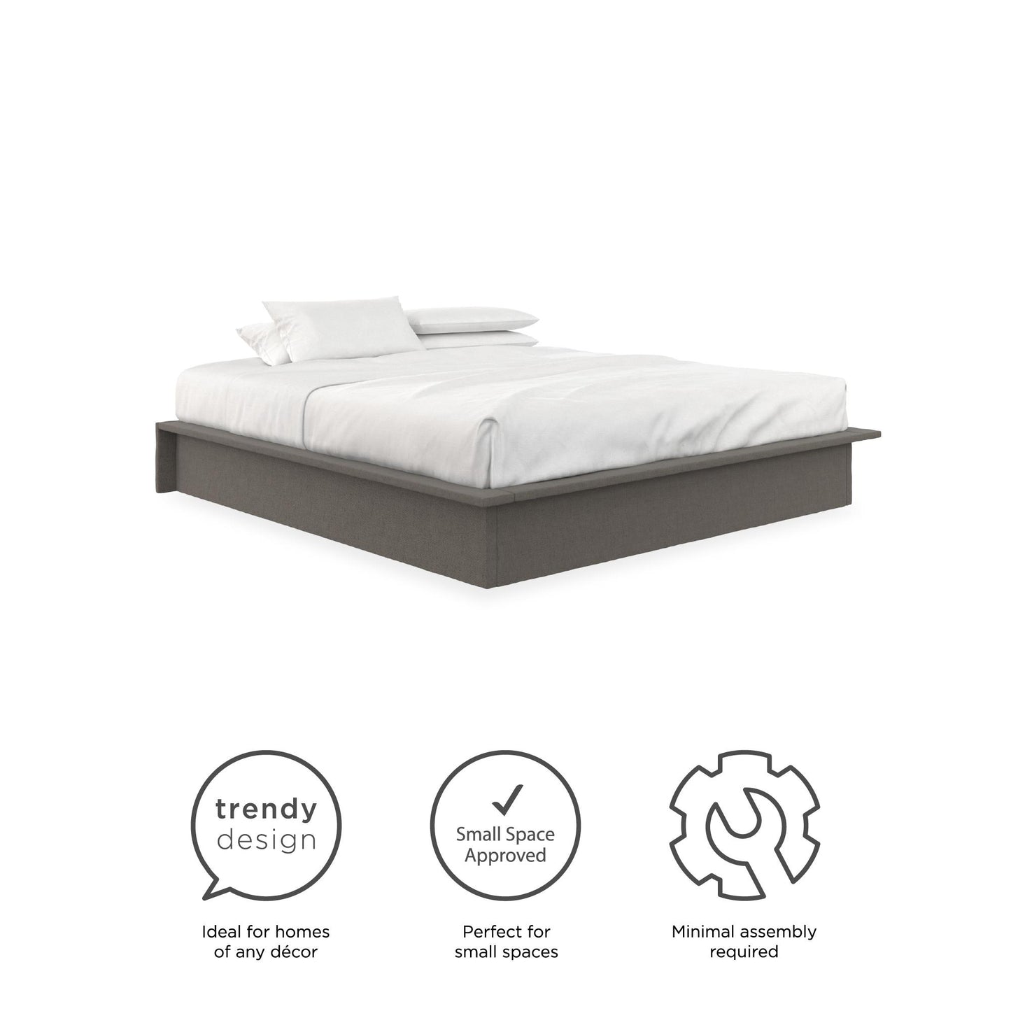 Alden Contemporary Upholstered Platform Bed with Slats - Grey Linen - King