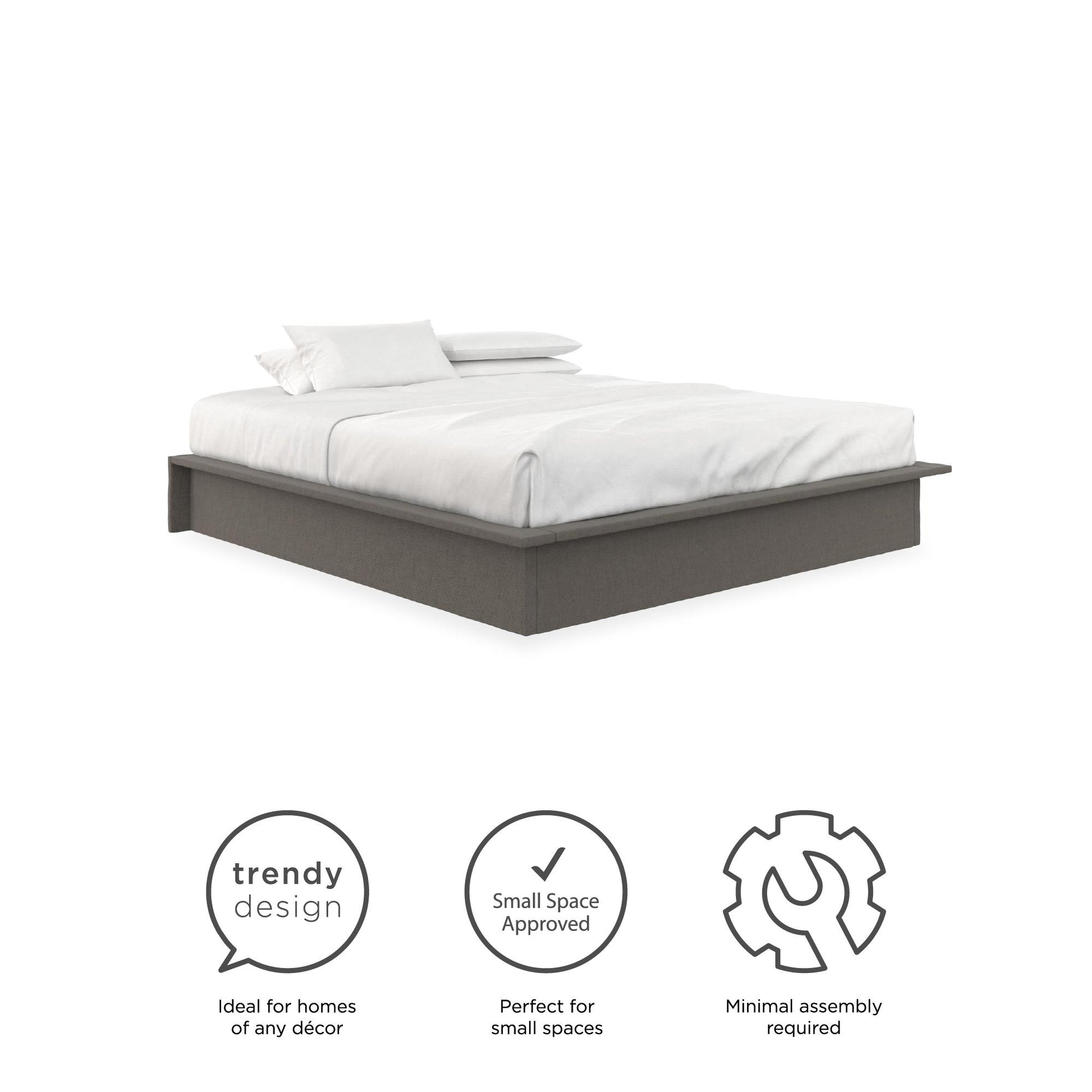 Alden Contemporary Upholstered Platform Bed with Slats - Grey Linen - King