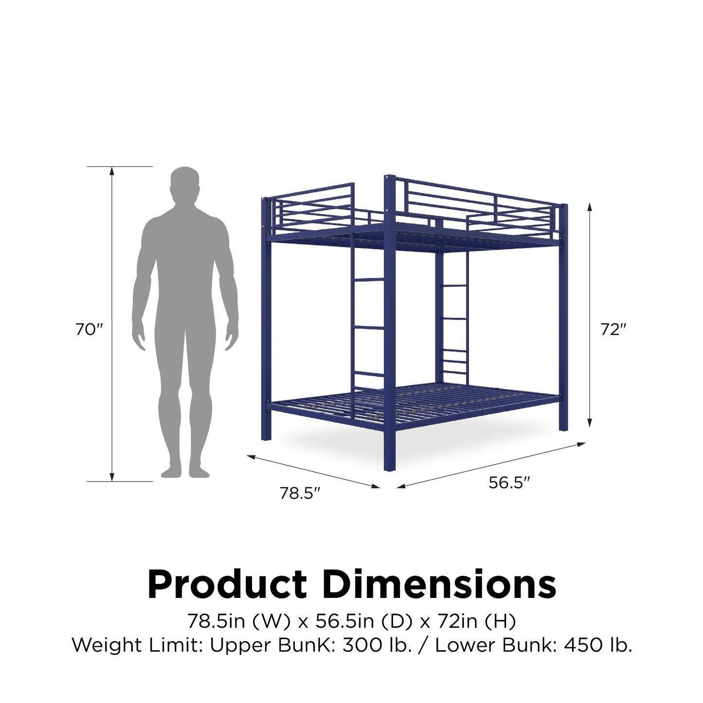Full over Full Bunk Bed with Sturdy Metal Frame and Simple Design - Blue - Full-Over-Full