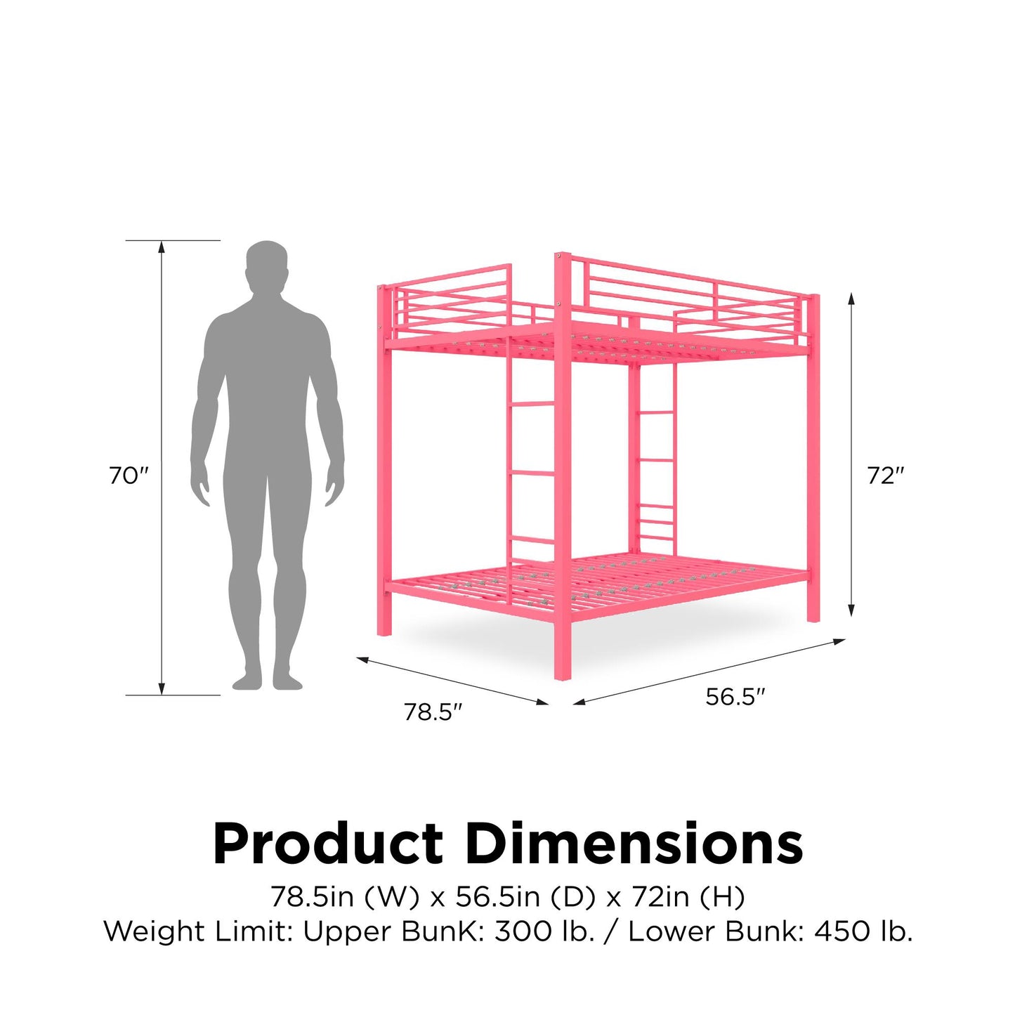Full over Full Bunk Bed with Sturdy Metal Frame and Simple Design - Pink - Full-Over-Full