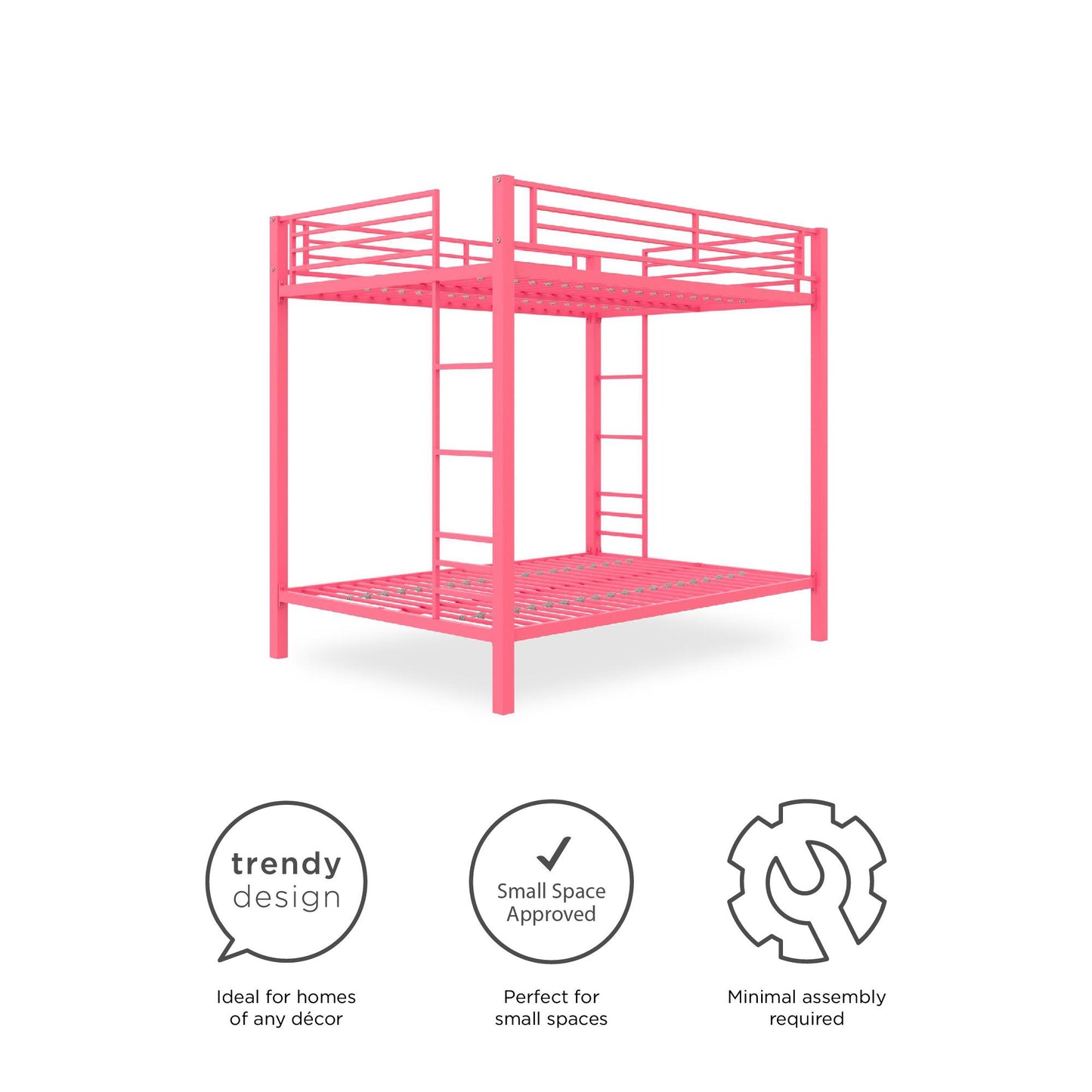 Full over Full Bunk Bed with Sturdy Metal Frame and Simple Design - Pink - Full-Over-Full