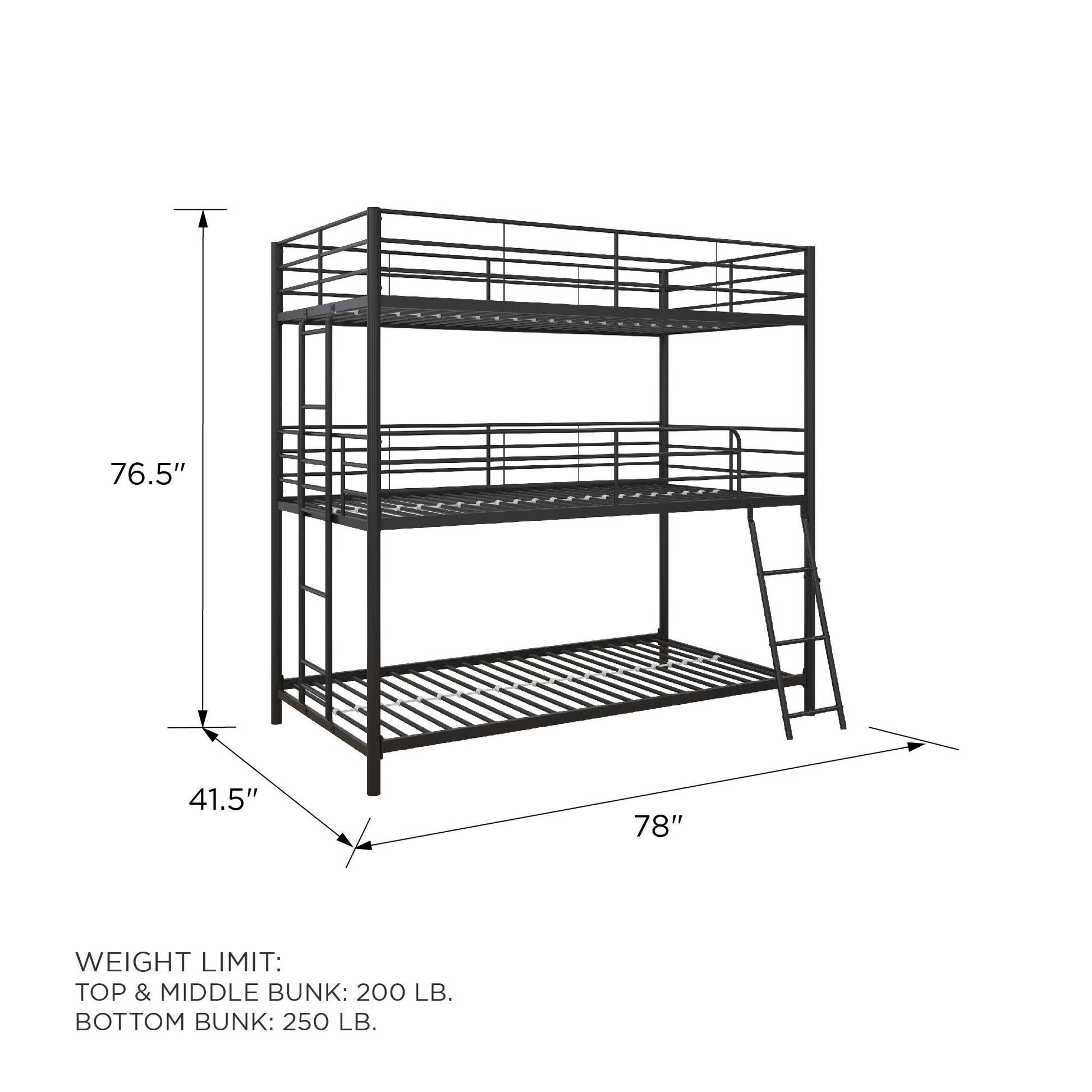 Everleigh Metal Triple Bunk Bed with Metal Slats and 2 Integrated Ladders - Black - Twin-Over-Twin