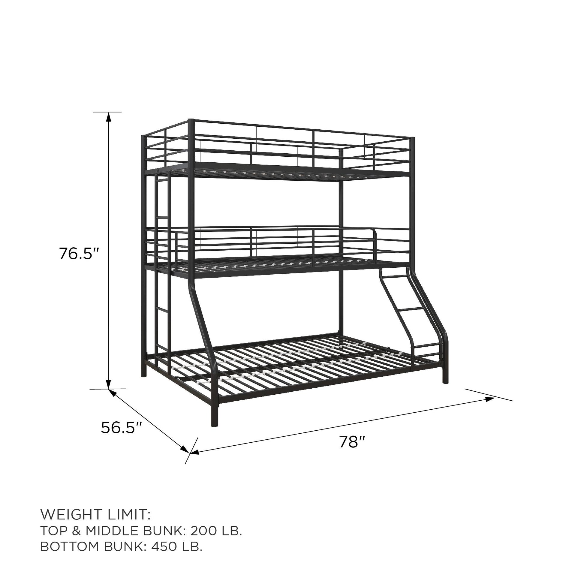 Metal Triple Bunk Bed with Metal Slats and 2 Integrated Ladders - Black - Twin-Over-Full