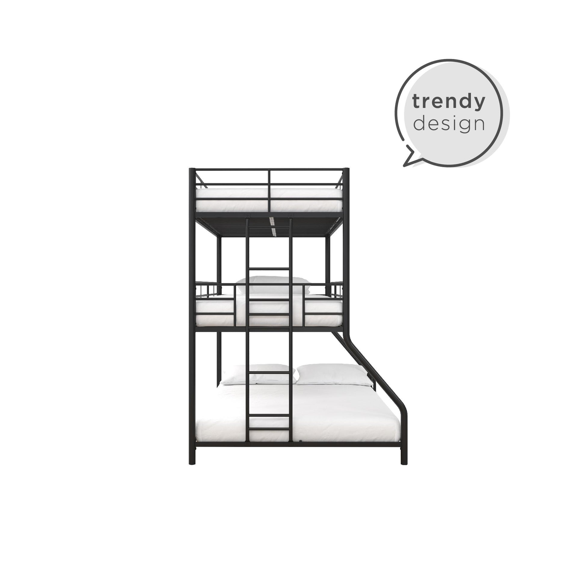 Metal Triple Bunk Bed with Metal Slats and 2 Integrated Ladders - Black - Twin-Over-Full