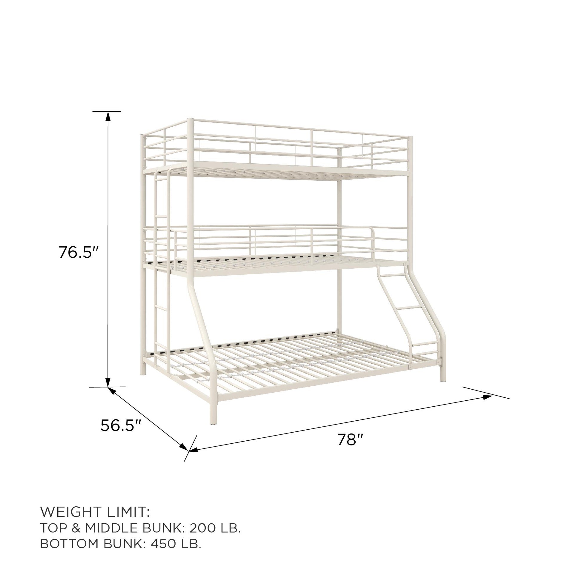 Metal Triple Bunk Bed with Metal Slats and 2 Integrated Ladders - White - Twin-Over-Full