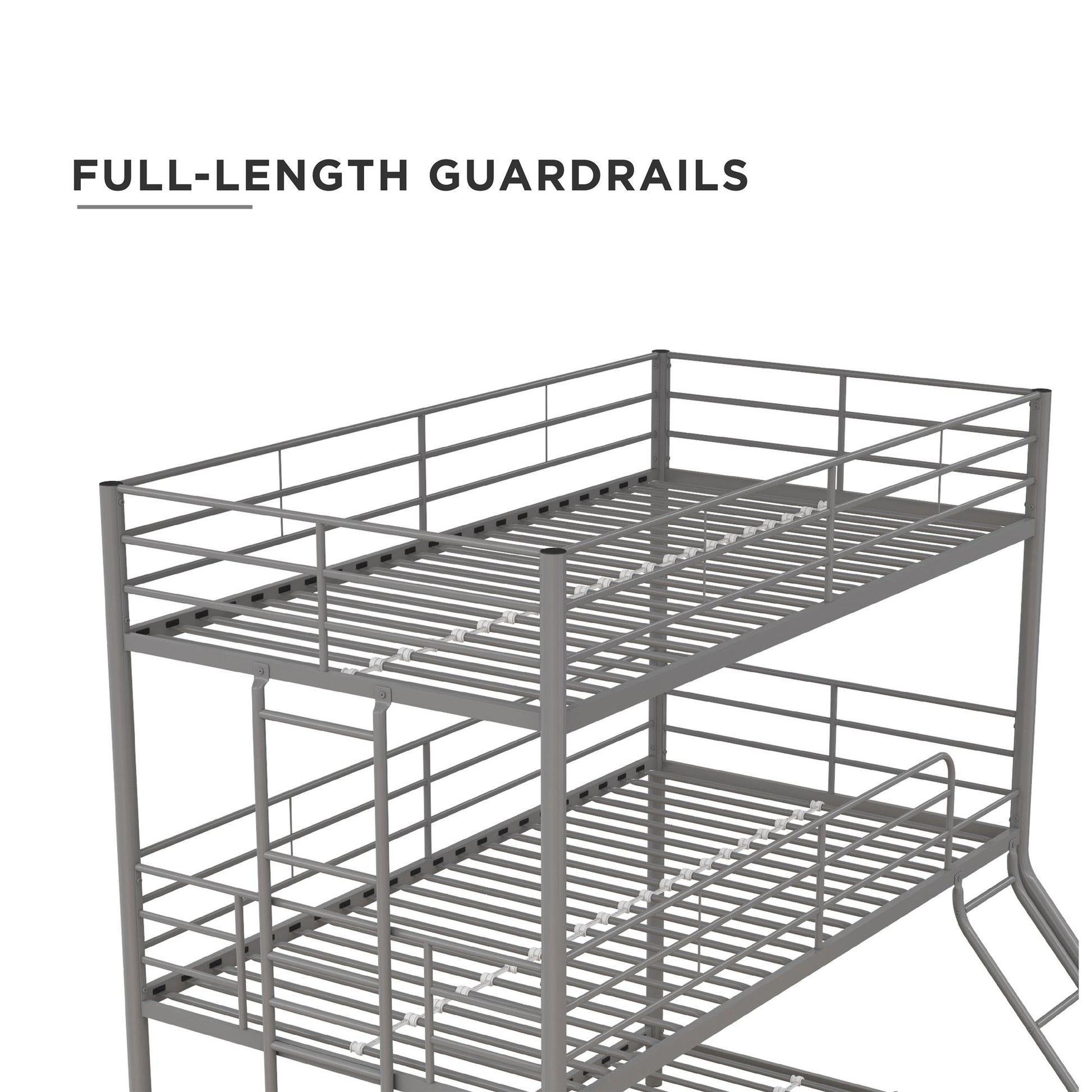 Metal Triple Bunk Bed with Metal Slats and 2 Integrated Ladders - Silver - Twin-Over-Full