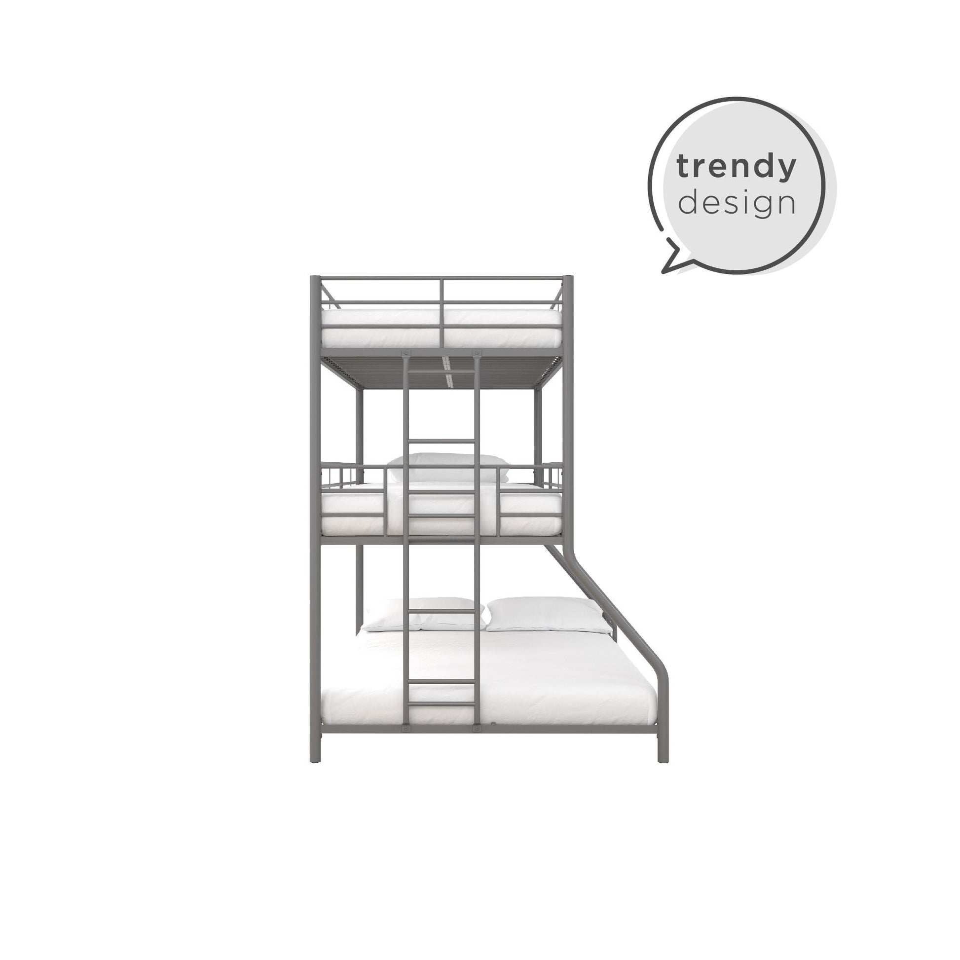 Metal Triple Bunk Bed with Metal Slats and 2 Integrated Ladders - Silver - Twin-Over-Full