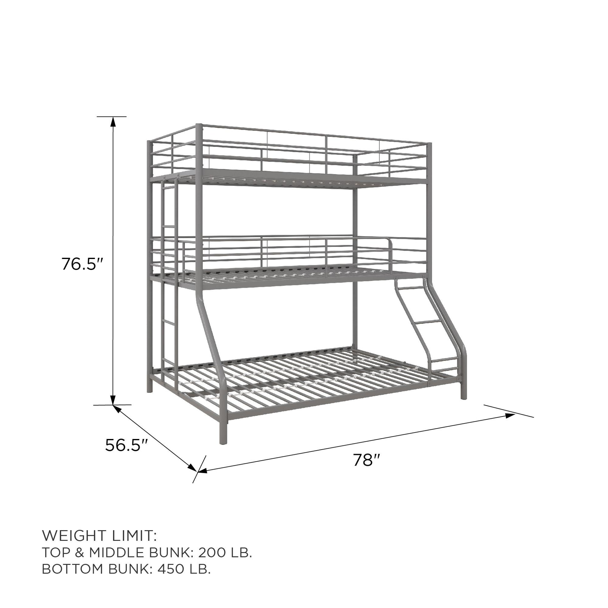 Metal Triple Bunk Bed with Metal Slats and 2 Integrated Ladders - Silver - Twin-Over-Full