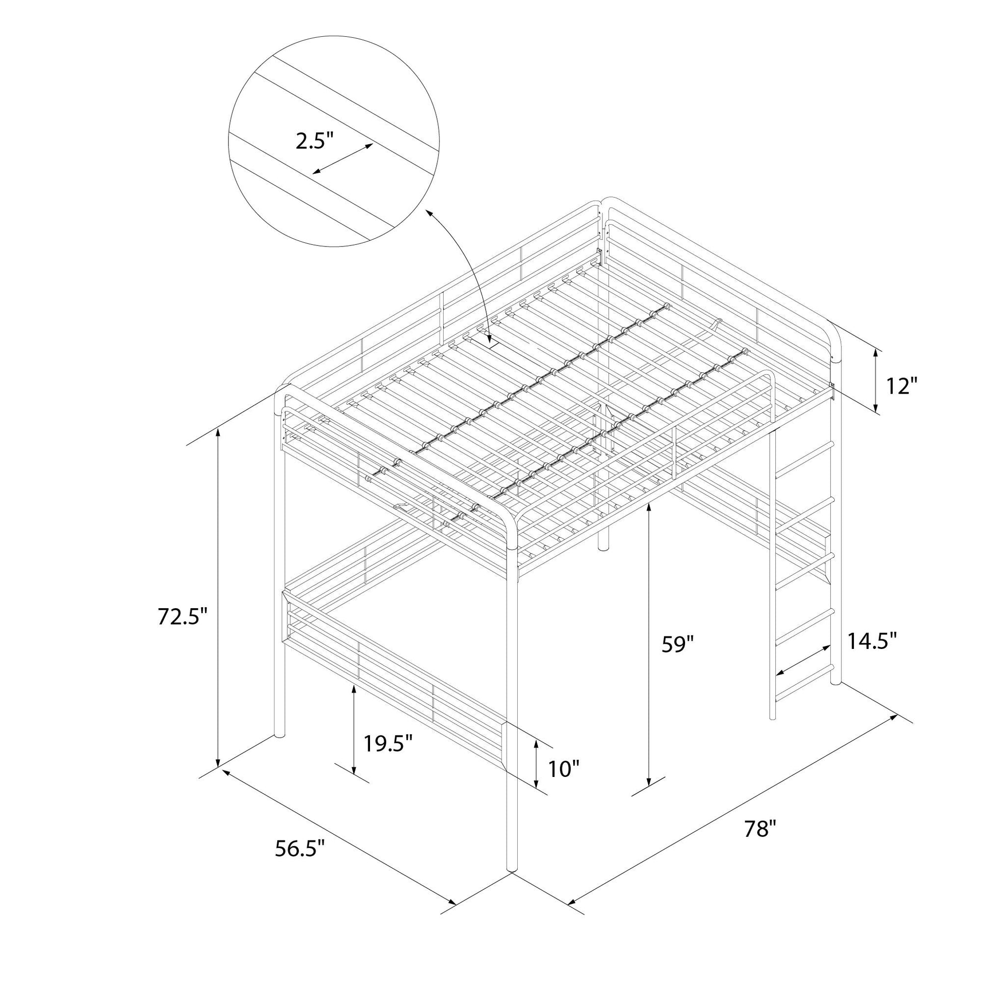 Tommy Full Metal Loft Bed with 59 Inches of Under Bed Storage - Silver - Full