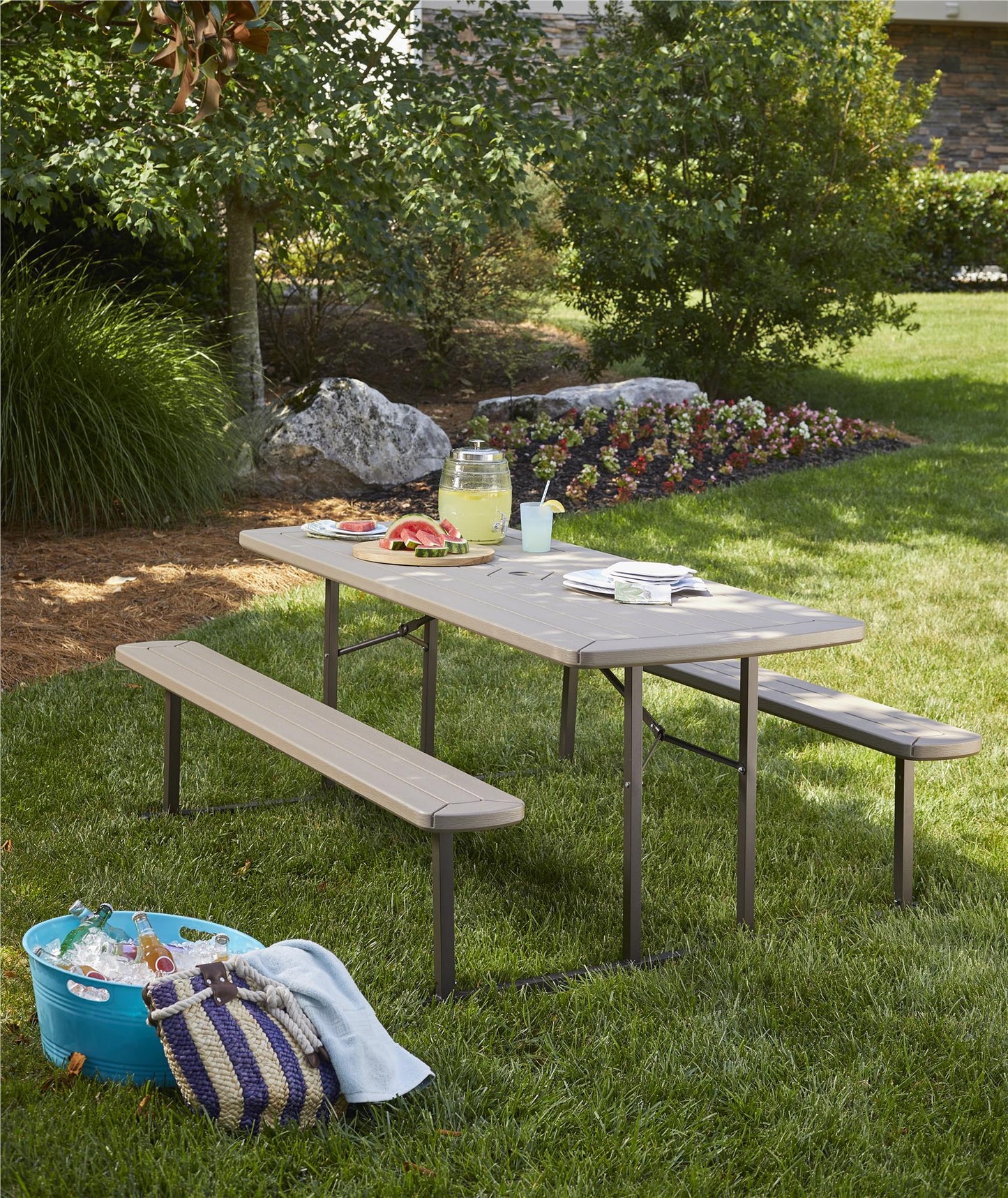 Outdoor 6 Foot Folding Picnic Table, Comfortably Seats 8 People - Taupe