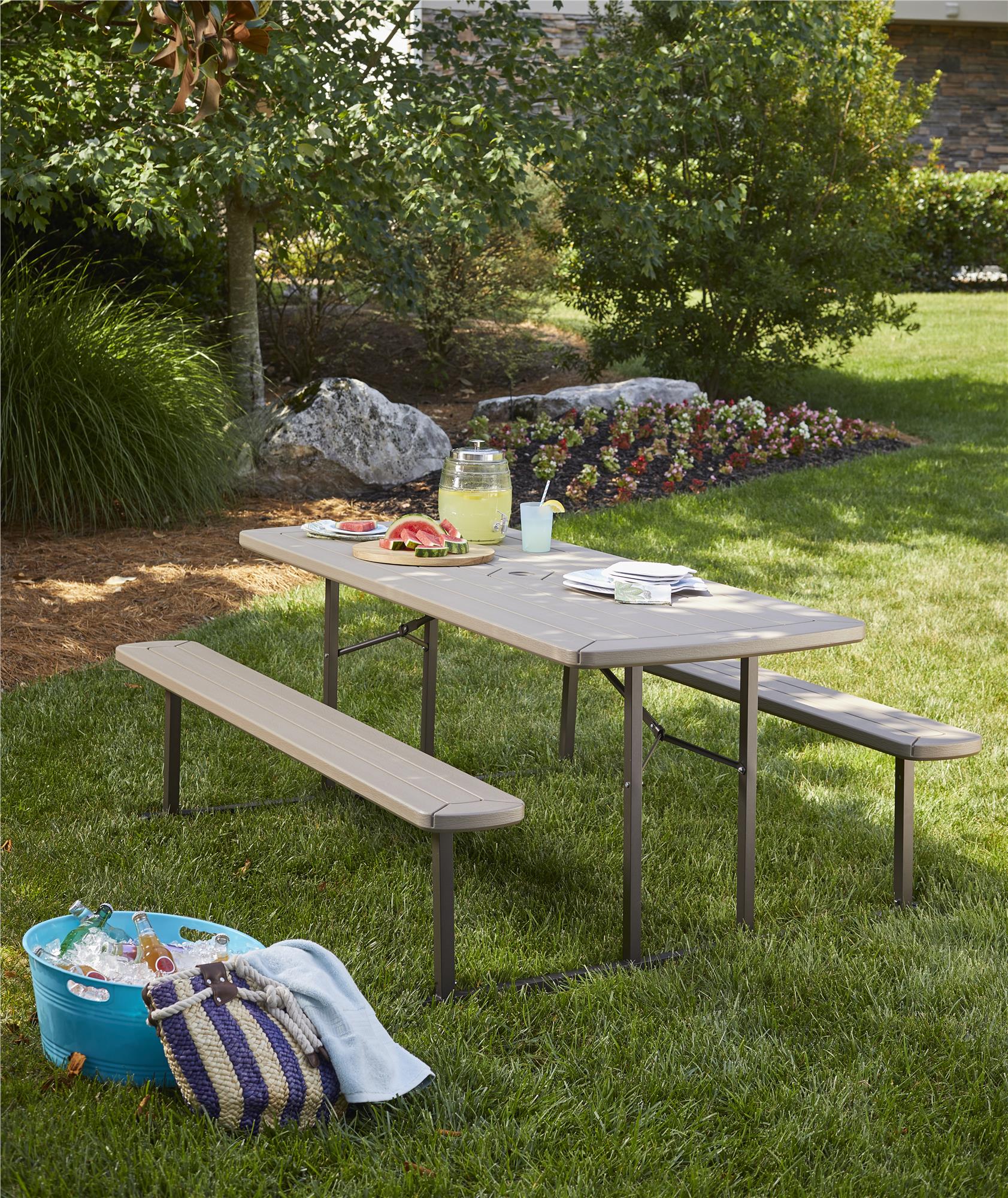 Outdoor 6 Foot Folding Picnic Table, Comfortably Seats 8 People - Taupe