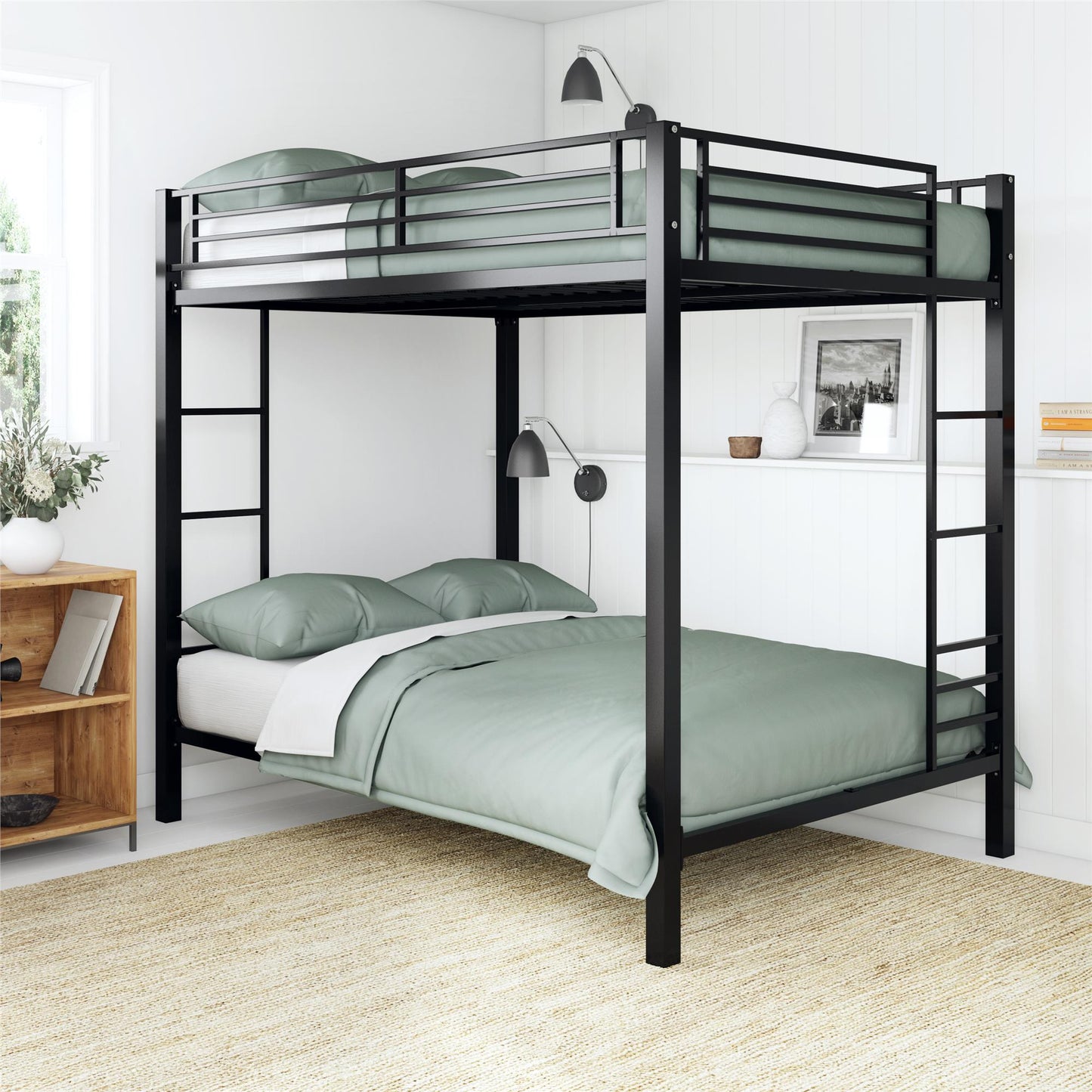 Full over Full Bunk Bed with Sturdy Metal Frame and Simple Design - Black - Full-Over-Full