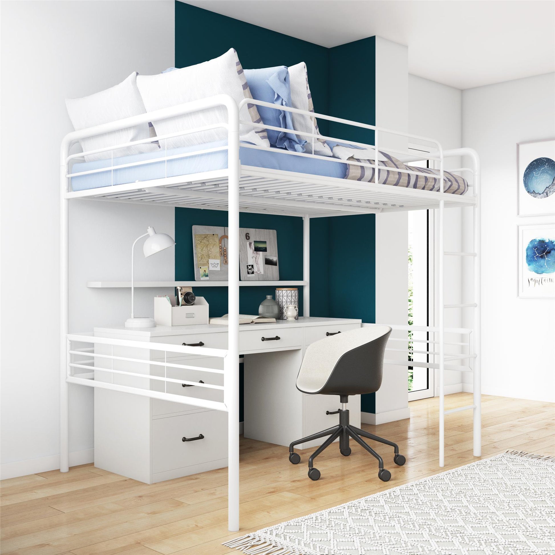 Tommy Full Metal Loft Bed with 59 Inches of Under Bed Storage - White - Full