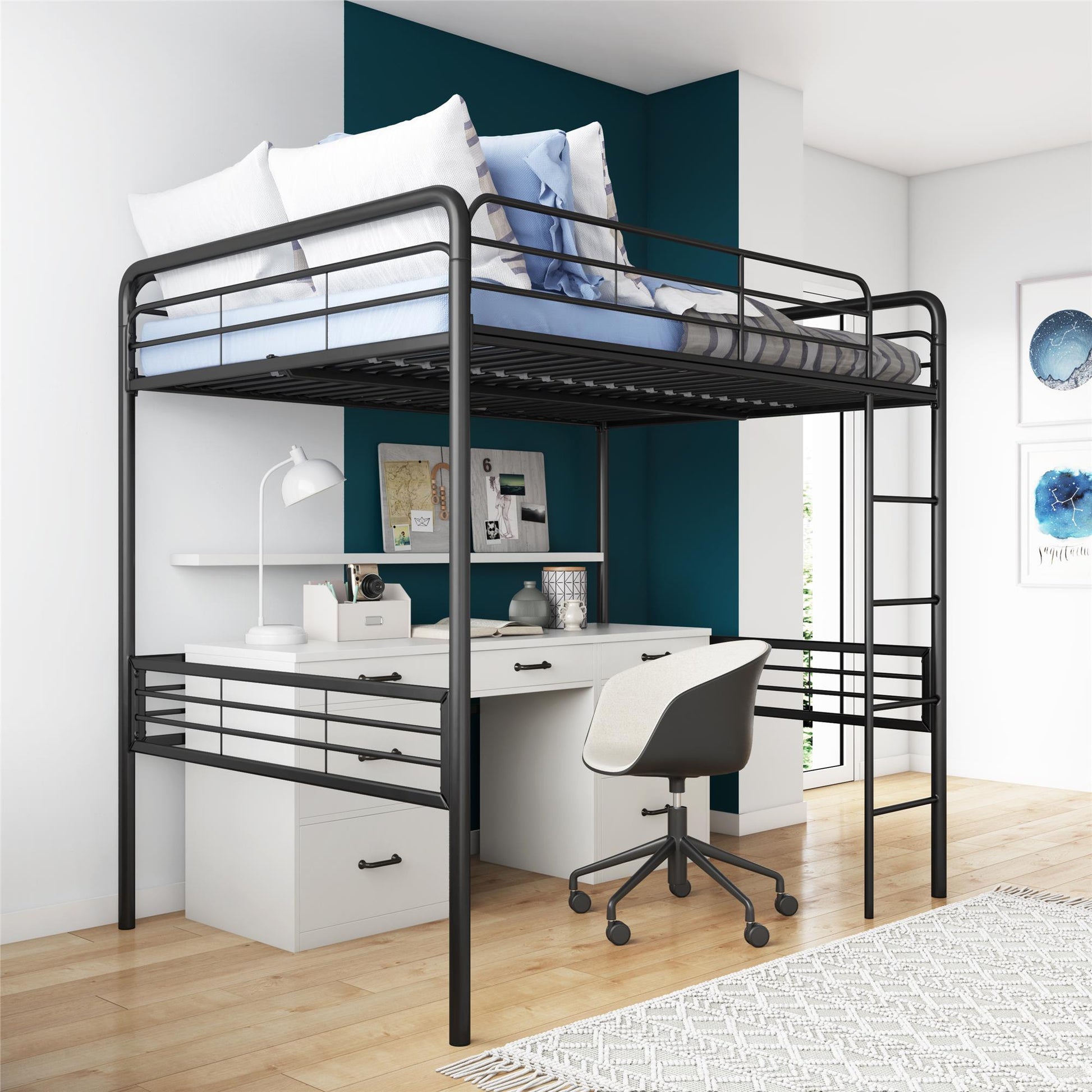 Tommy Full Metal Loft Bed with 59 Inches of Under Bed Storage - Black - Full