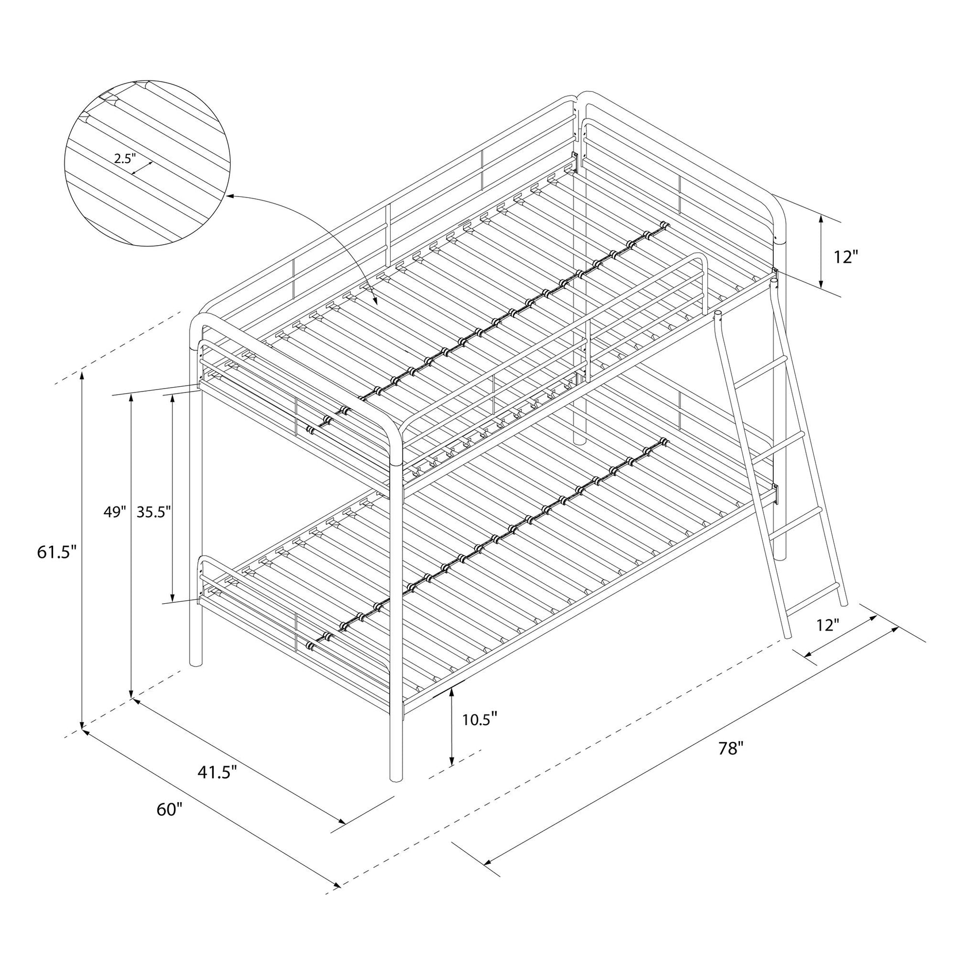 Dusty Twin over Twin Metal Bunk Bed with Slanted Front Ladder and Guardrails - White - Twin-Over-Twin