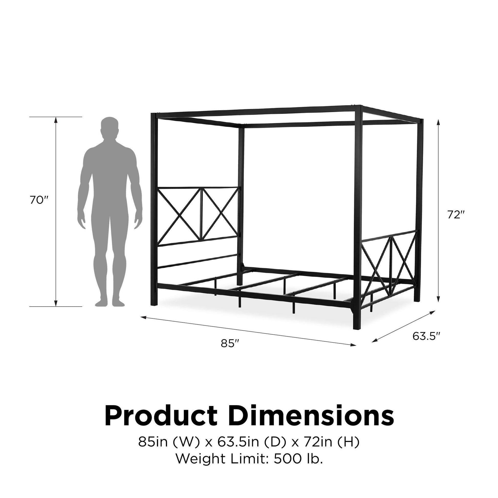 Rosedale Metal Four-Poster Canopy Bed with Crisscross Headboard and Footboard - Black - Queen