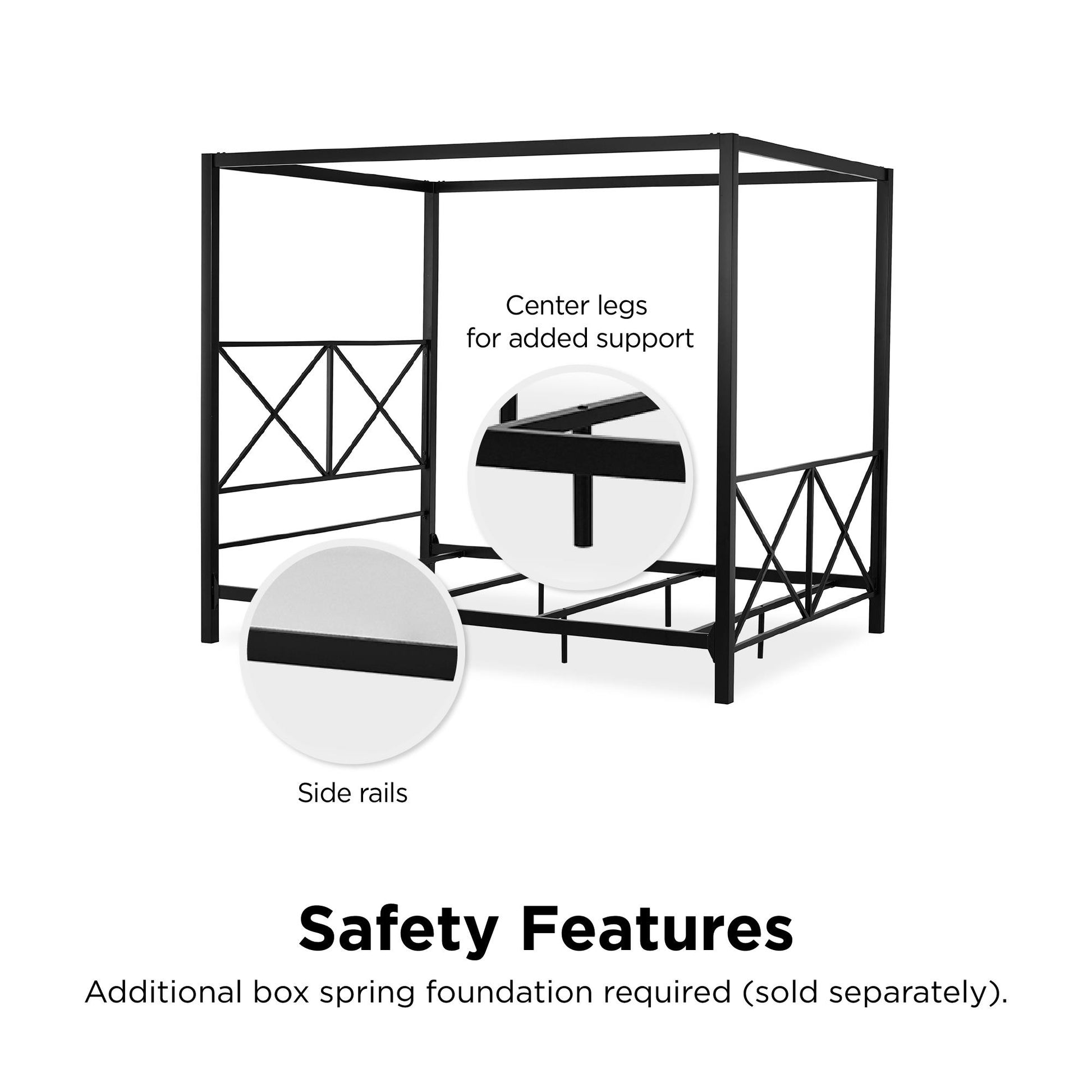 Rosedale Metal Four-Poster Canopy Bed with Crisscross Headboard and Footboard - Black - Queen