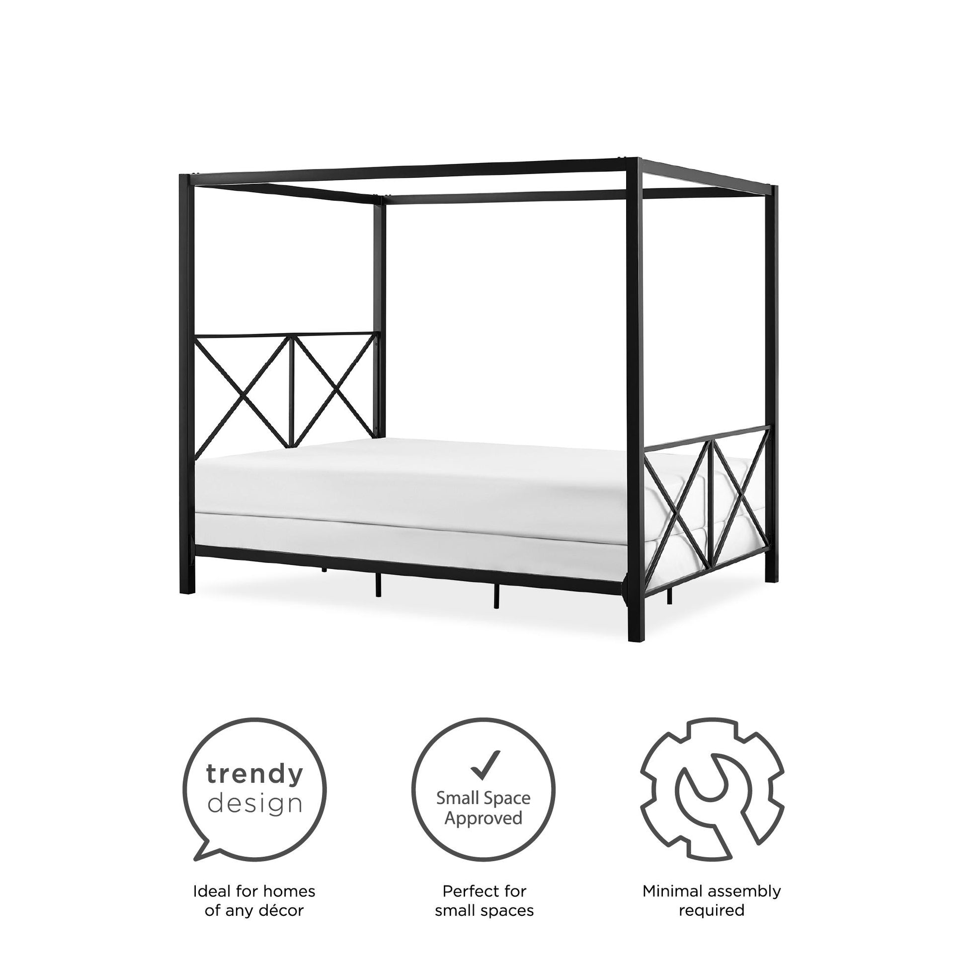 Rosedale Metal Four-Poster Canopy Bed with Crisscross Headboard and Footboard - Black - Queen