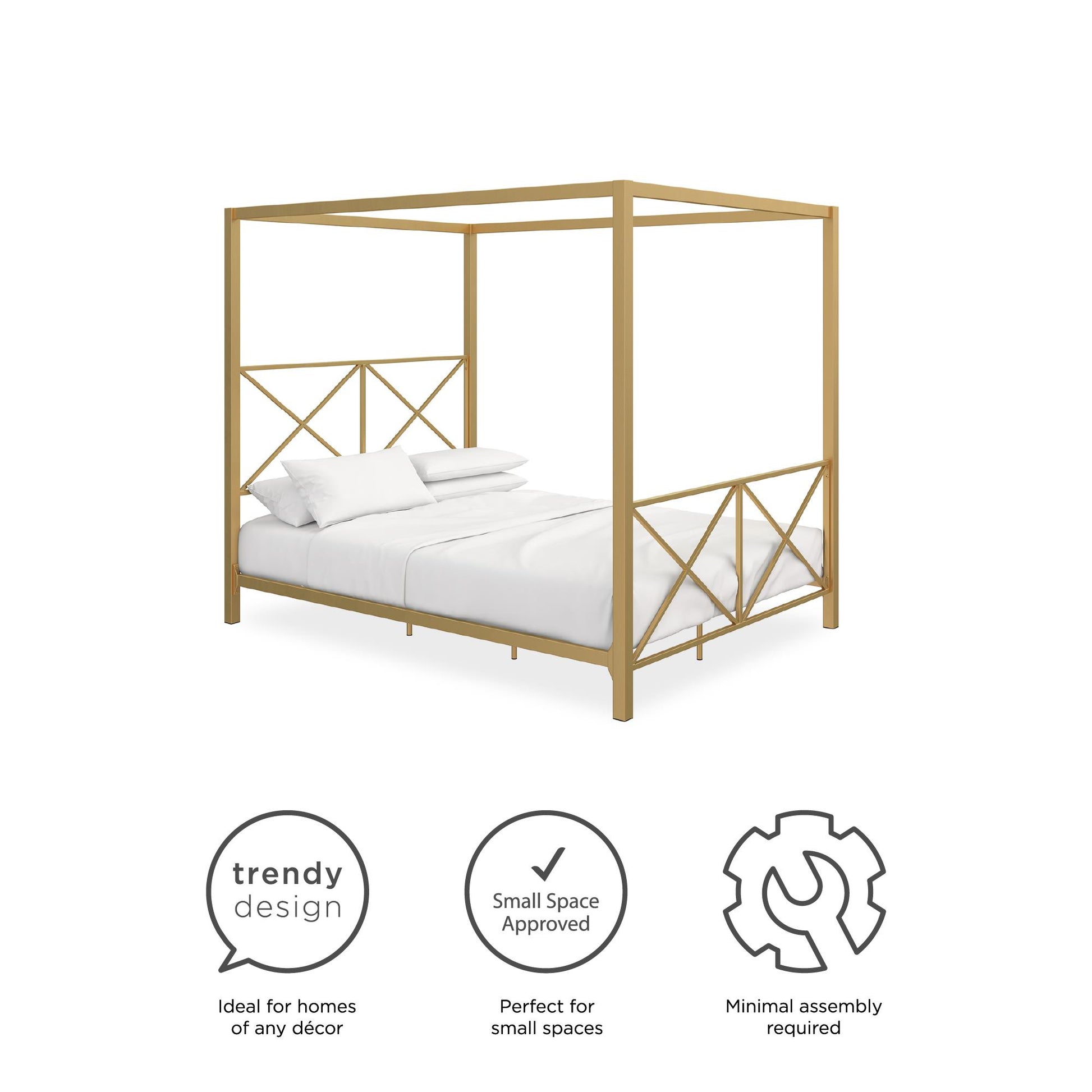 Rosedale Metal Four-Poster Canopy Bed with Crisscross Headboard and Footboard - Gold - Queen
