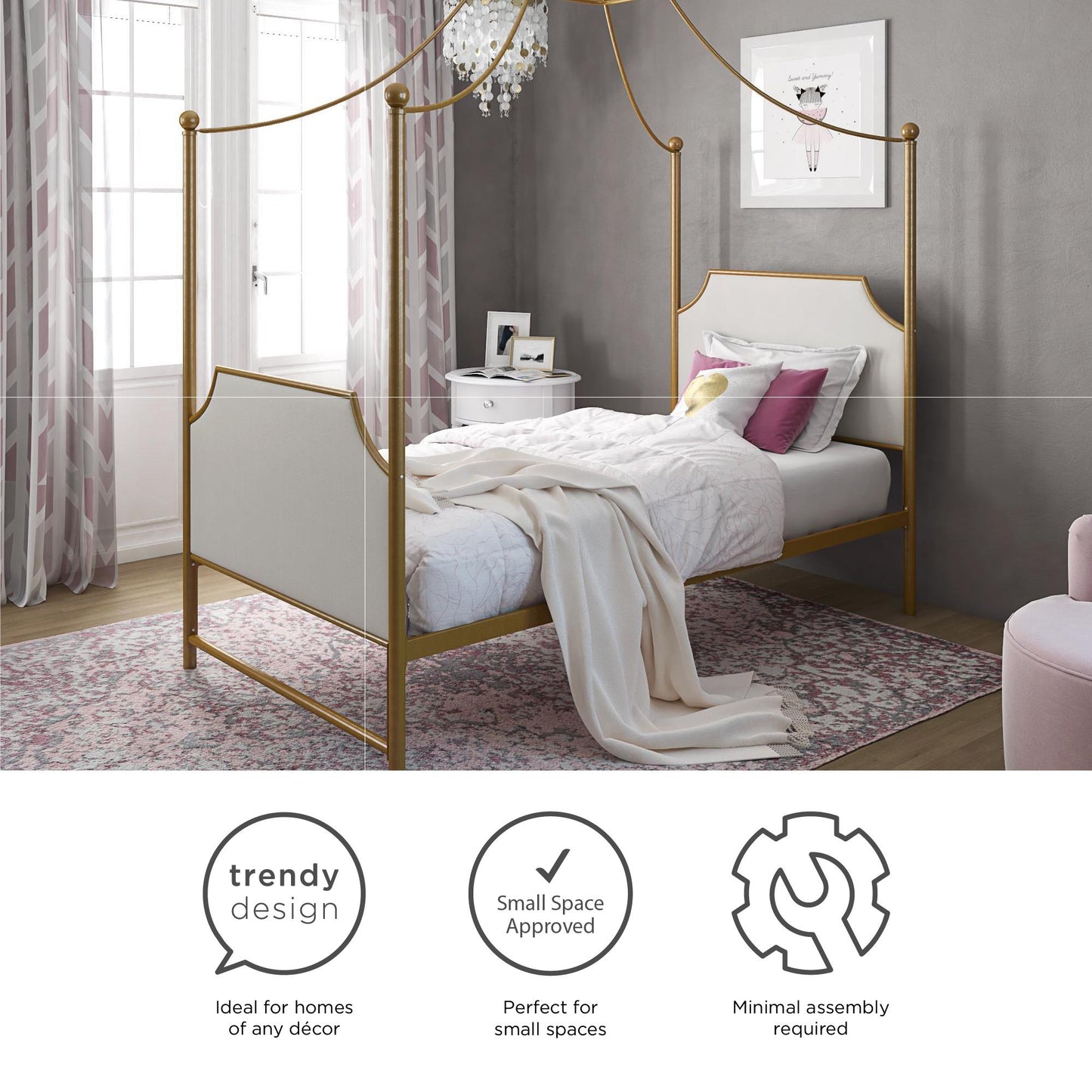Monarch Hill Clementine Canopy Bed with Linen Headboard and Footboard - Gold - Twin
