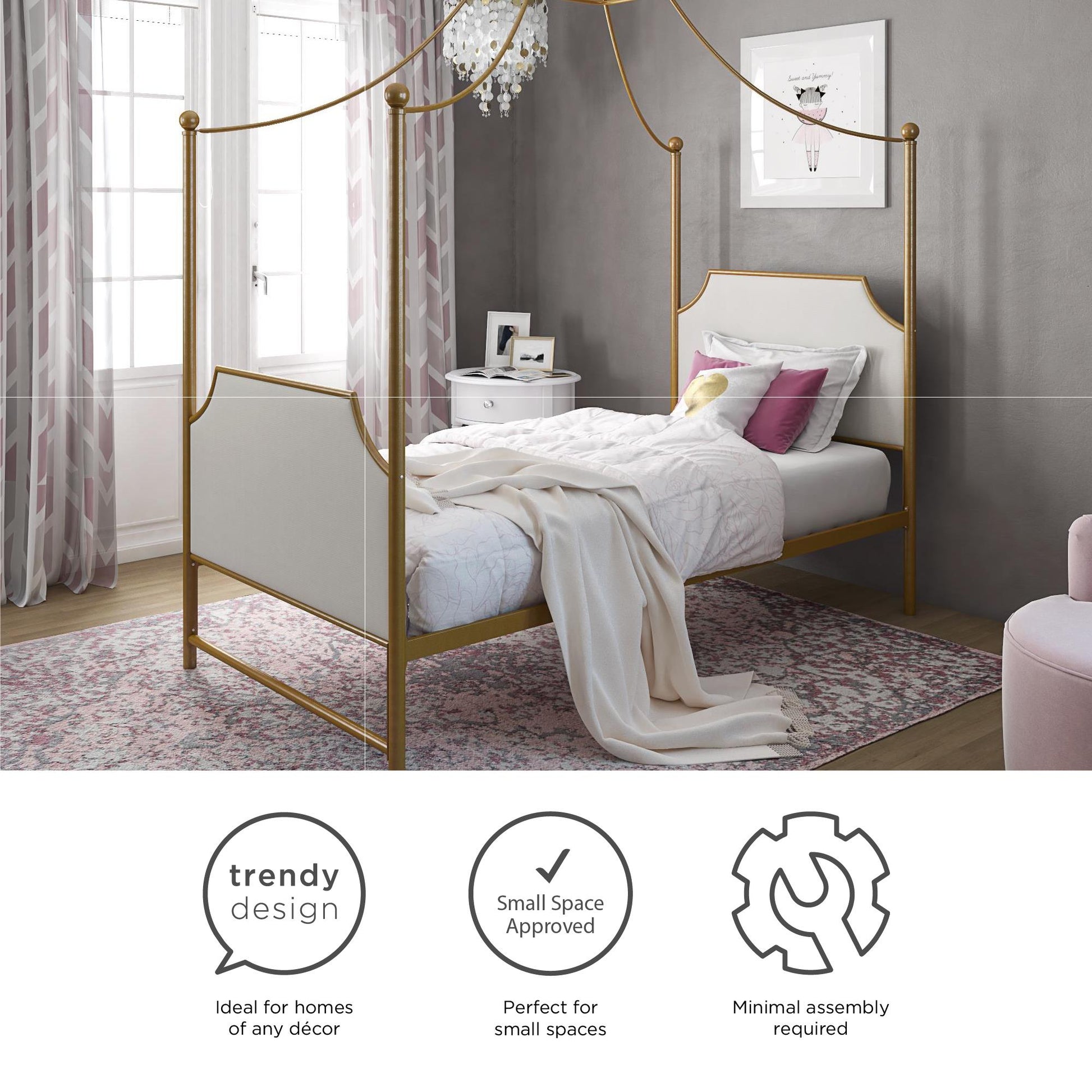Monarch Hill Clementine Canopy Bed with Linen Headboard and Footboard - Gold - Twin