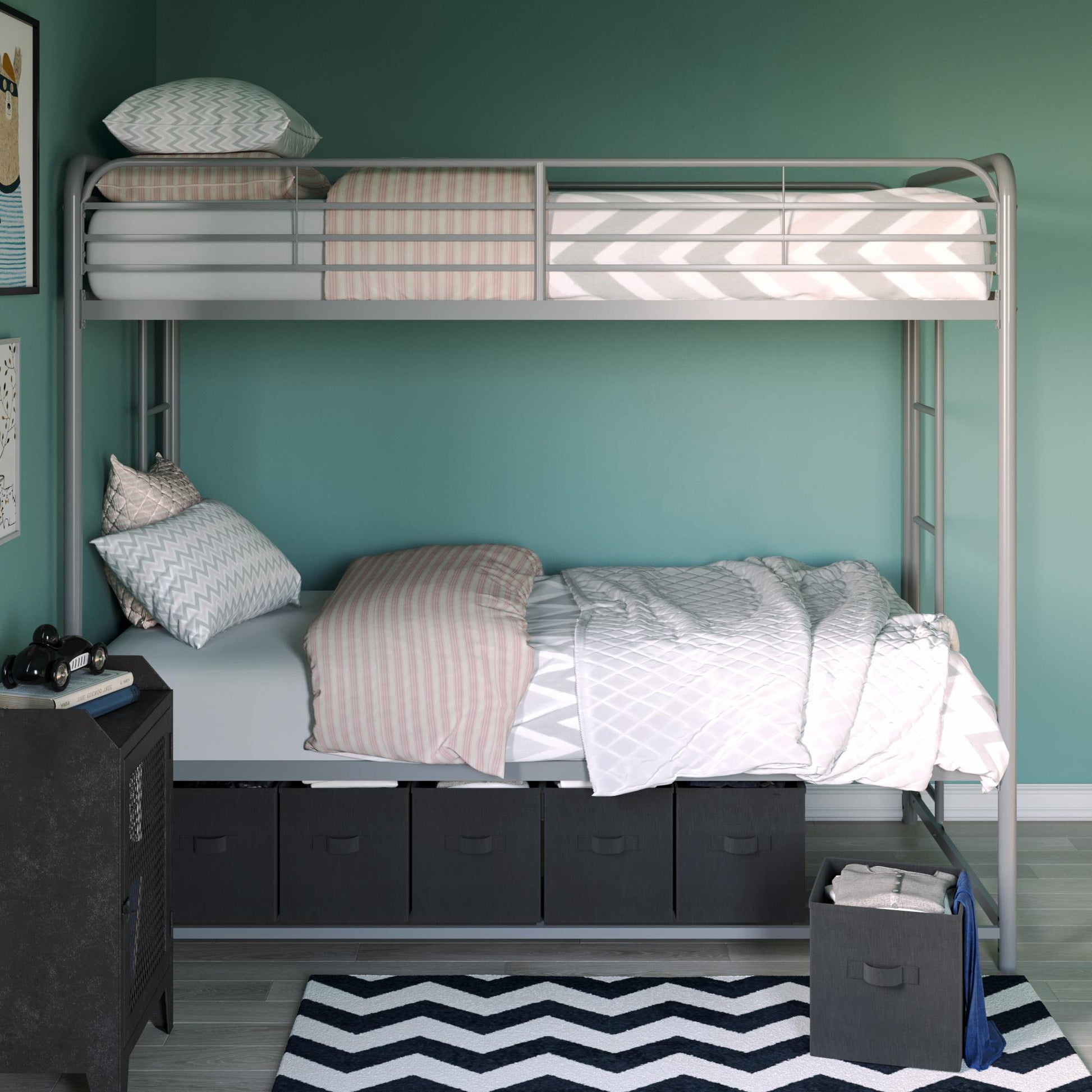 Mainstays Twin over Twin Metal Bunk Bed with Storage Bins, Silver - Silver - Twin-Over-Twin