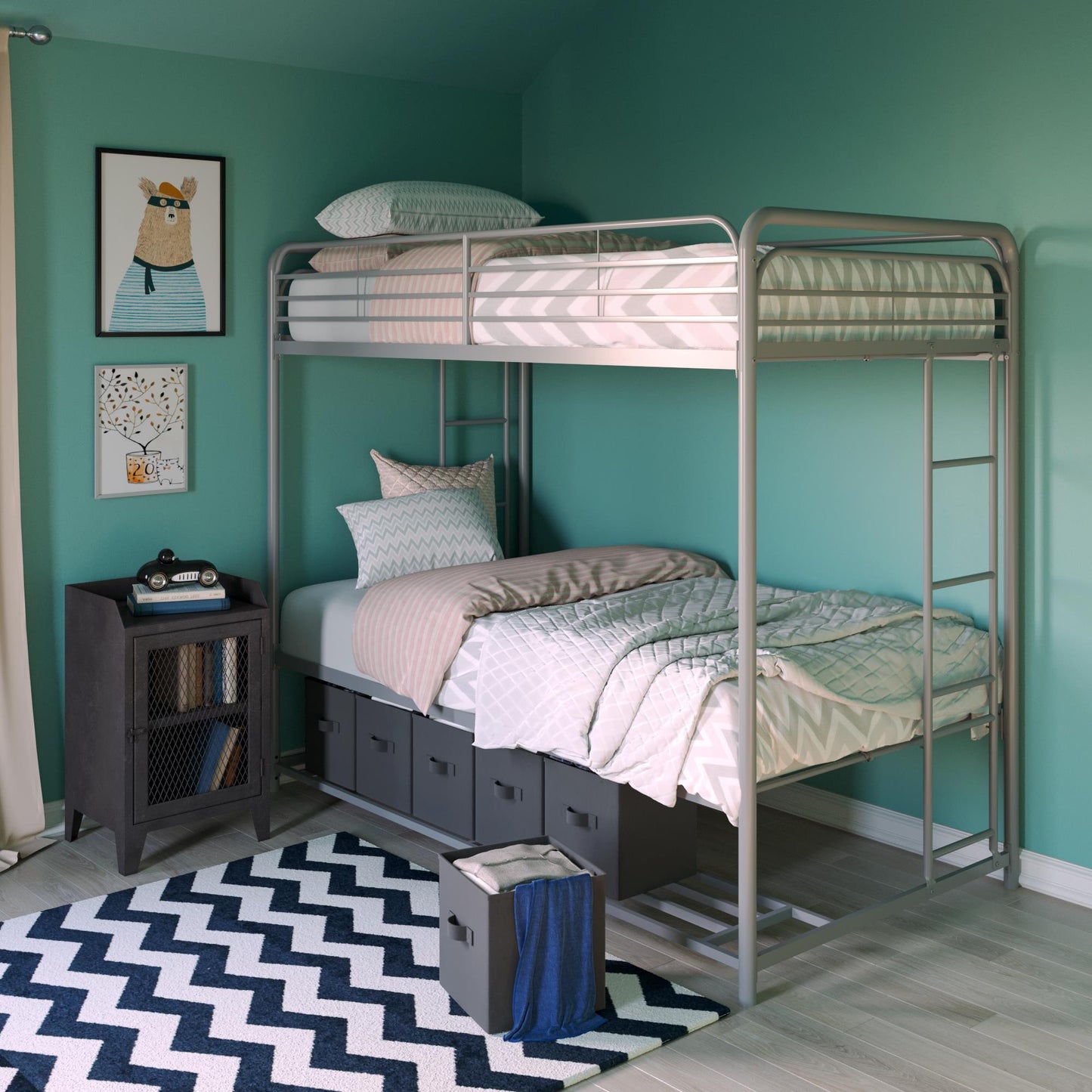 Mainstays Twin over Twin Metal Bunk Bed with Storage Bins, Silver - Silver - Twin-Over-Twin