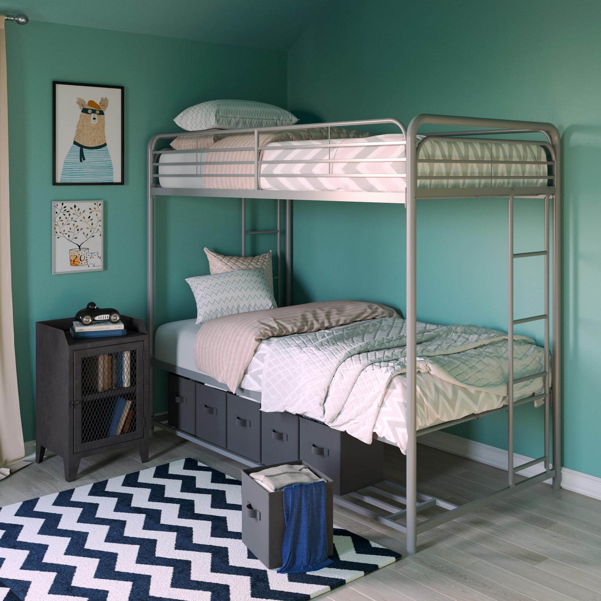 Mainstays Twin over Twin Metal Bunk Bed with Storage Bins, Silver - Silver - Twin-Over-Twin