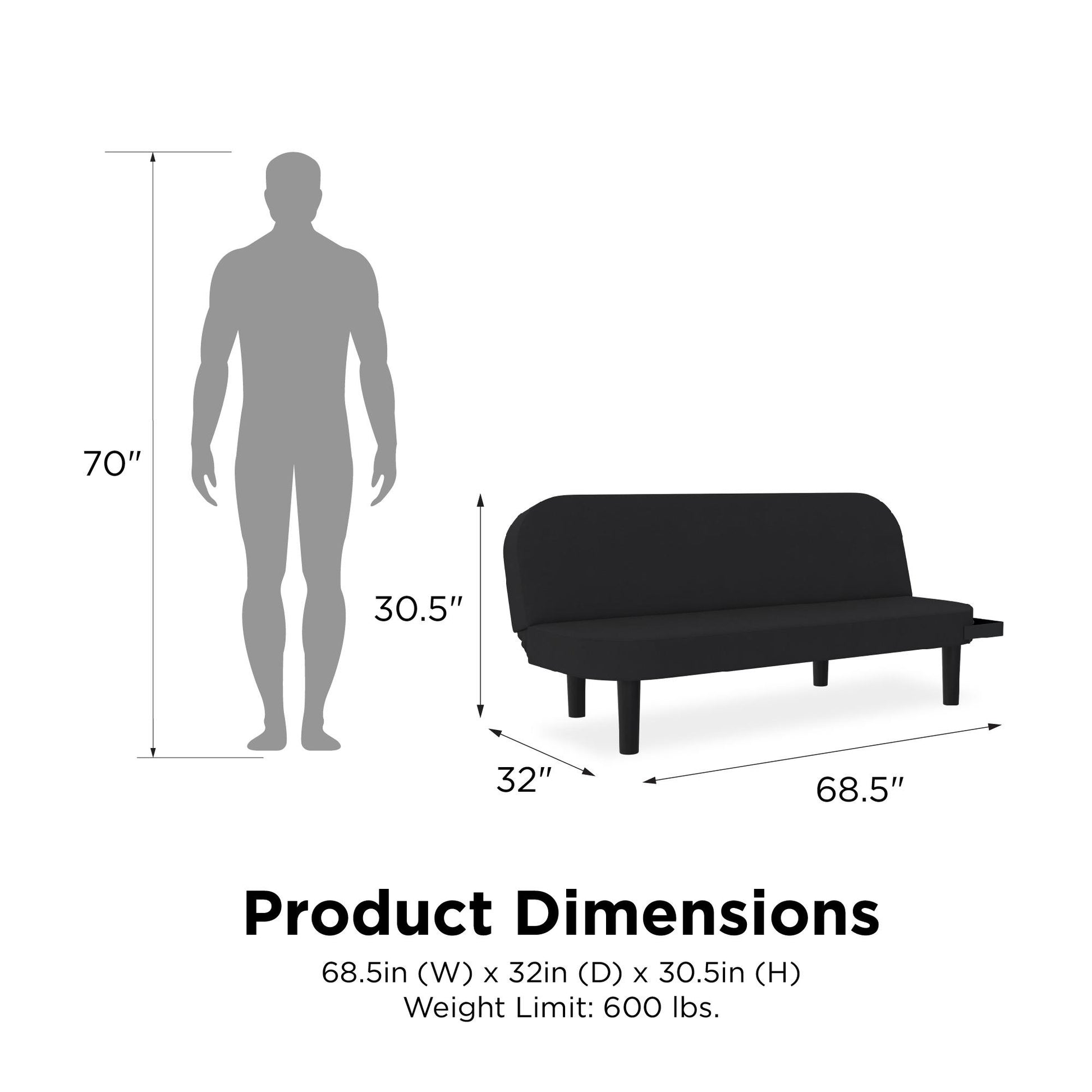 Arthur Multi Purpose Futon with Left Side Mini Holding Tray - Black
